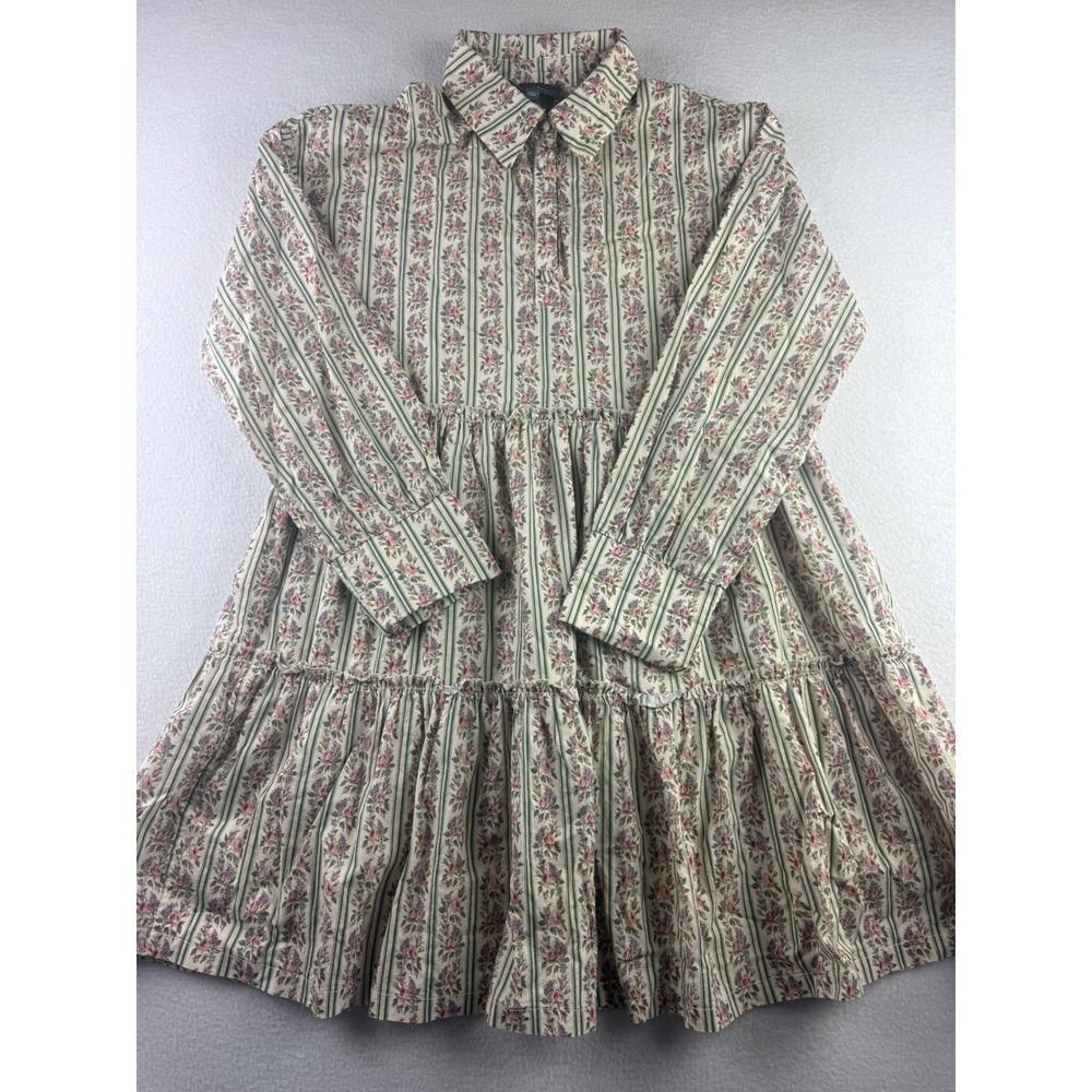 Hudson Gray Floral Stripe Tiered Mini Dress Womens Small Collared Pink Green